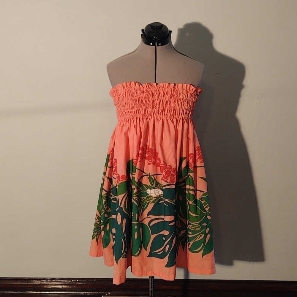 E&K Fashion Peach Color Hawaiian Monstera Babydoll Dress/Coverup One size